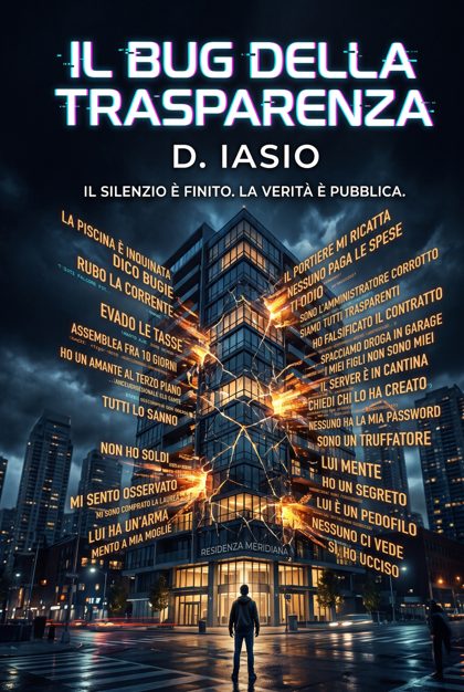 Copertina de Il Bug della Trasparenza: un palazzo notturno attraversato da frasi arancioni