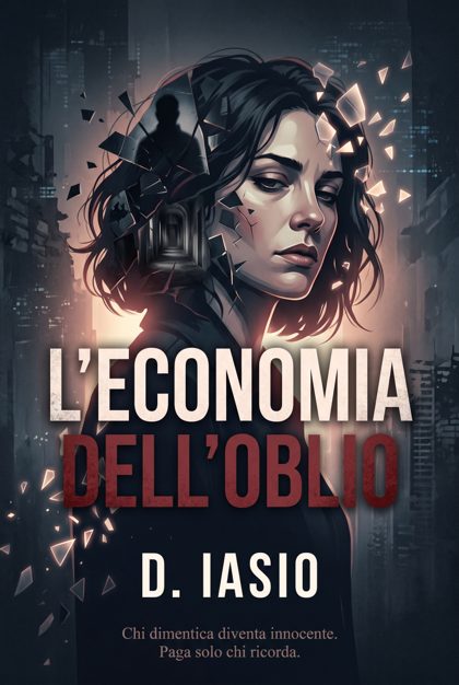 Copertina de L’Economia dell’Oblio: il volto di una donna che si frantuma in schegge di vetro