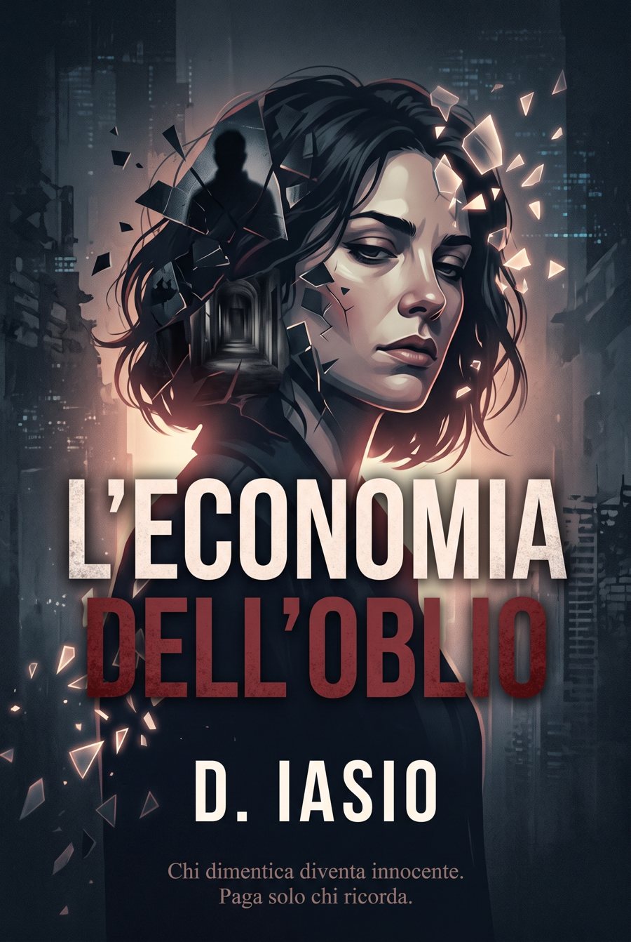 Copertina de L’Economia dell’Oblio: il volto di una donna che si frantuma in schegge di vetro, con un corridoio buio nella testa